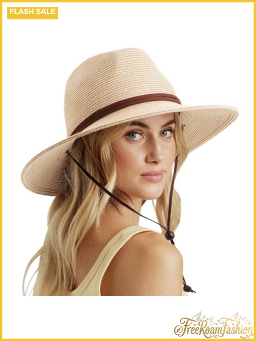 Wide Brim Straw Sun Hat UPF 50+ Foldable Beach Chin Strap Fedora